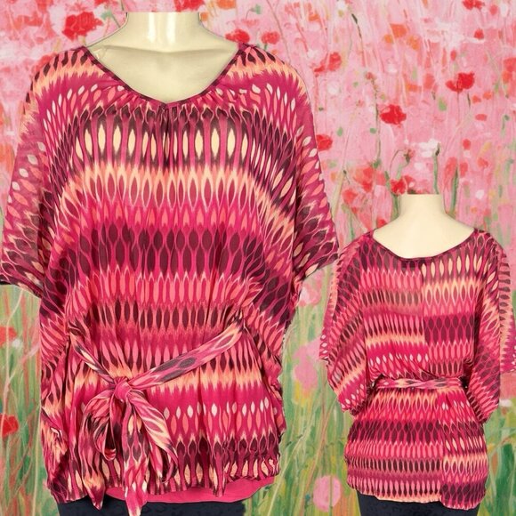 Apt 9 +1X Pink Sheer Peacock Print V-Neck Cami Lined Short Sleeve Caftan Blouse - Picture 1 of 6